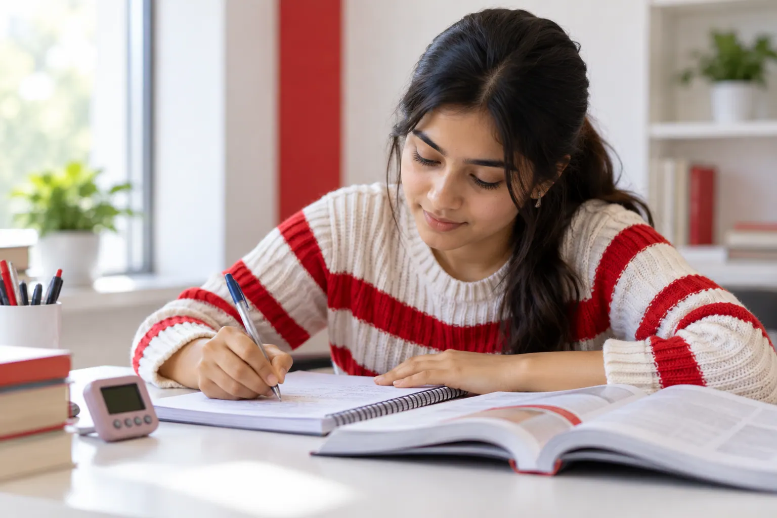Illustration of a learner writing notes beside an open book and a timer